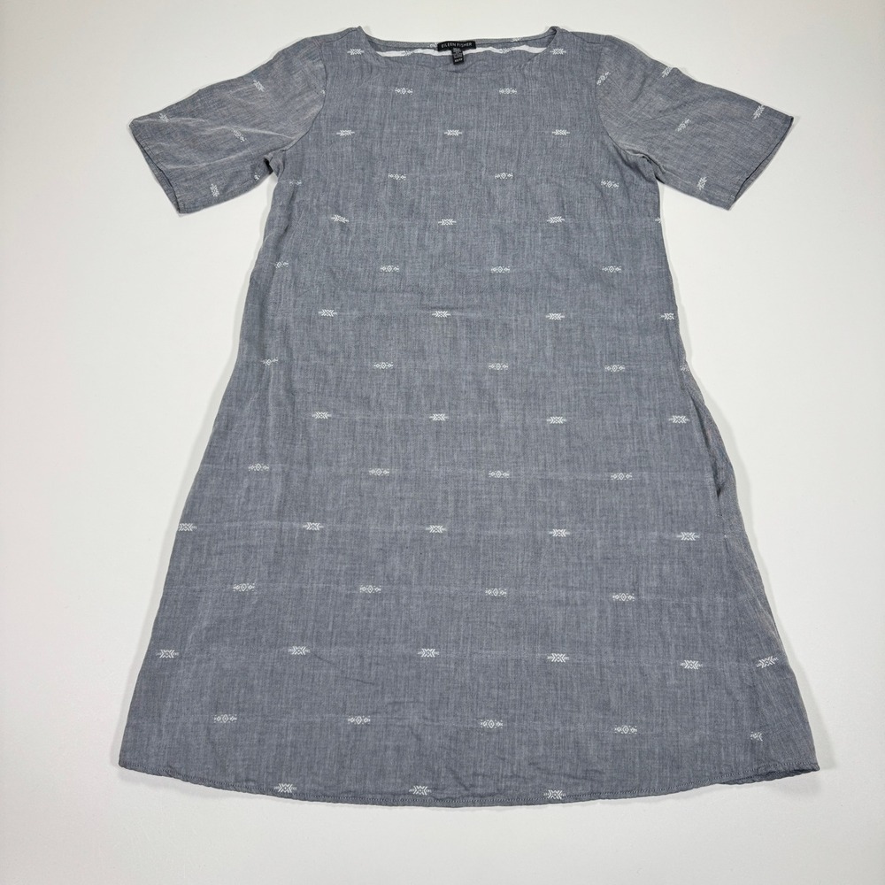 Eileen Fisher Organic Cotton Shift Dress XS Gray Jacquard Pockets Minimalist